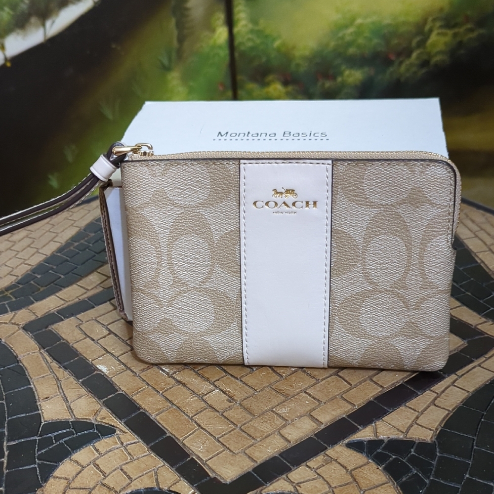 Coach Beige and White Wristlet NWOT